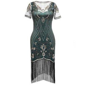 1920S Flapper Dress Fringe Sequin Beaded Green